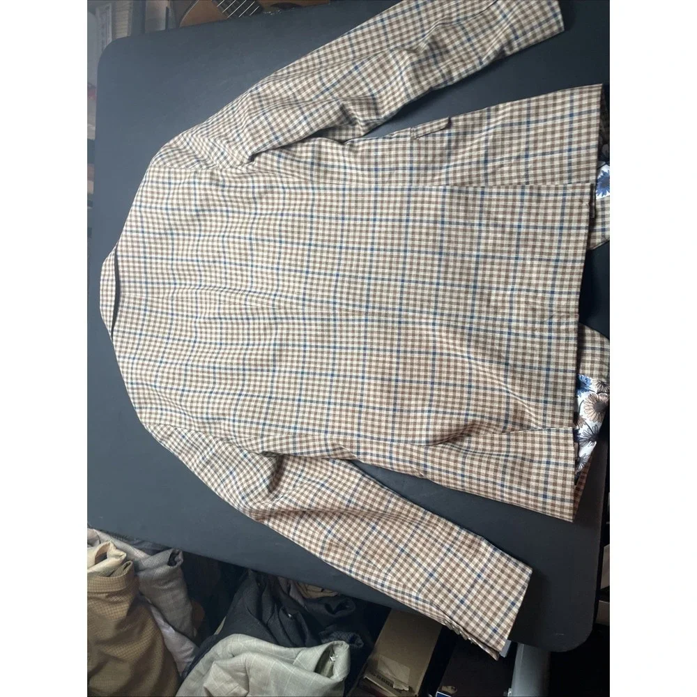 Original men's S 38S Penguin Blue and Brown Plaid Blazer Cotton Poly Blend
